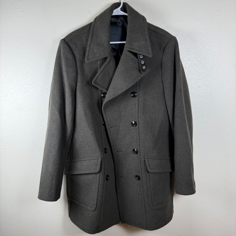 Zara Man Mens Charcoal Grey Double Breasted Pea Coat‎ Jacket XL Wool Blend Look